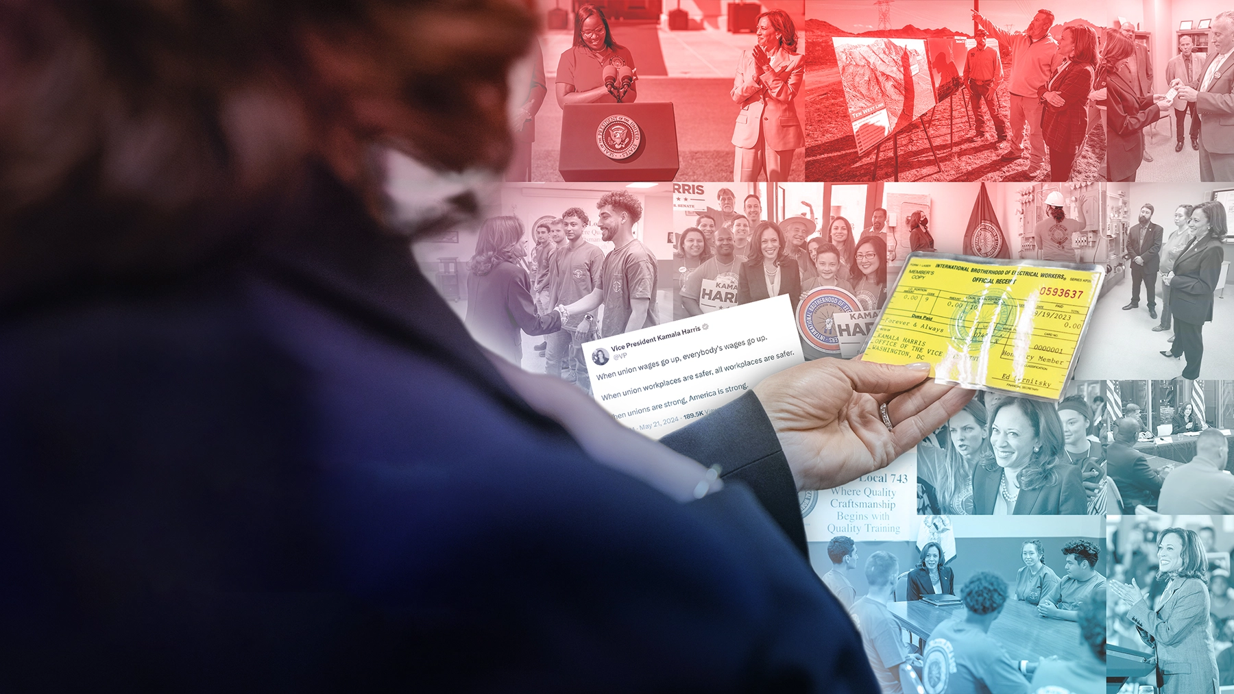 A person holds an International Brotherhood of Electrical Workers membership card in the foreground, while various images of Vice President Kamala Harris at union-related events form the background.