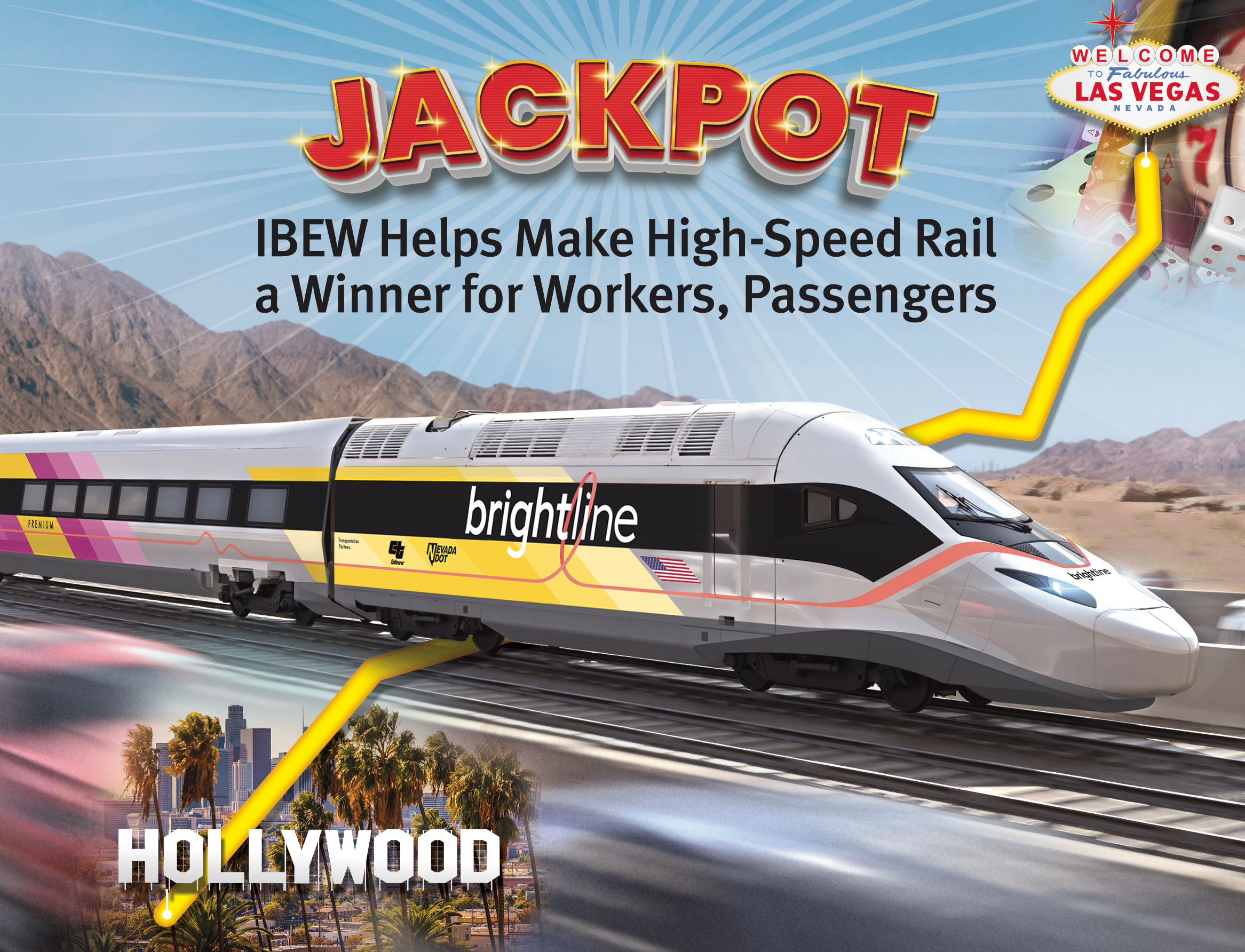 Over the next five years, thousands of IBEW members from the Construction and Railroad branches will help build Brightline West, a high-speed passenger rail line connecting Los Angeles and Las Vegas. The private enterprise is backed by a $3 billion investment courtesy of President Joe Biden’s Infrastructure Investment and Jobs Act.