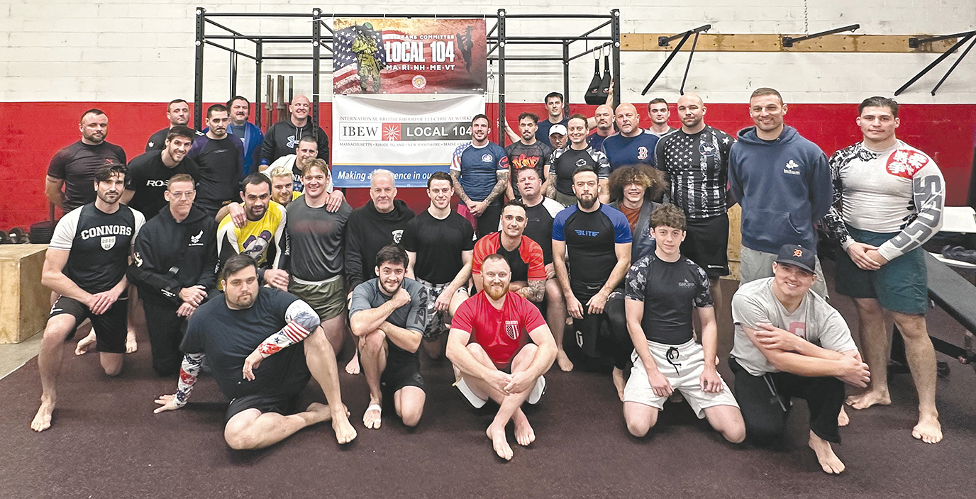 Local 104 members and veterans enjoy unmistakable camaraderie following a Brazilian jiu-jitsu training session.