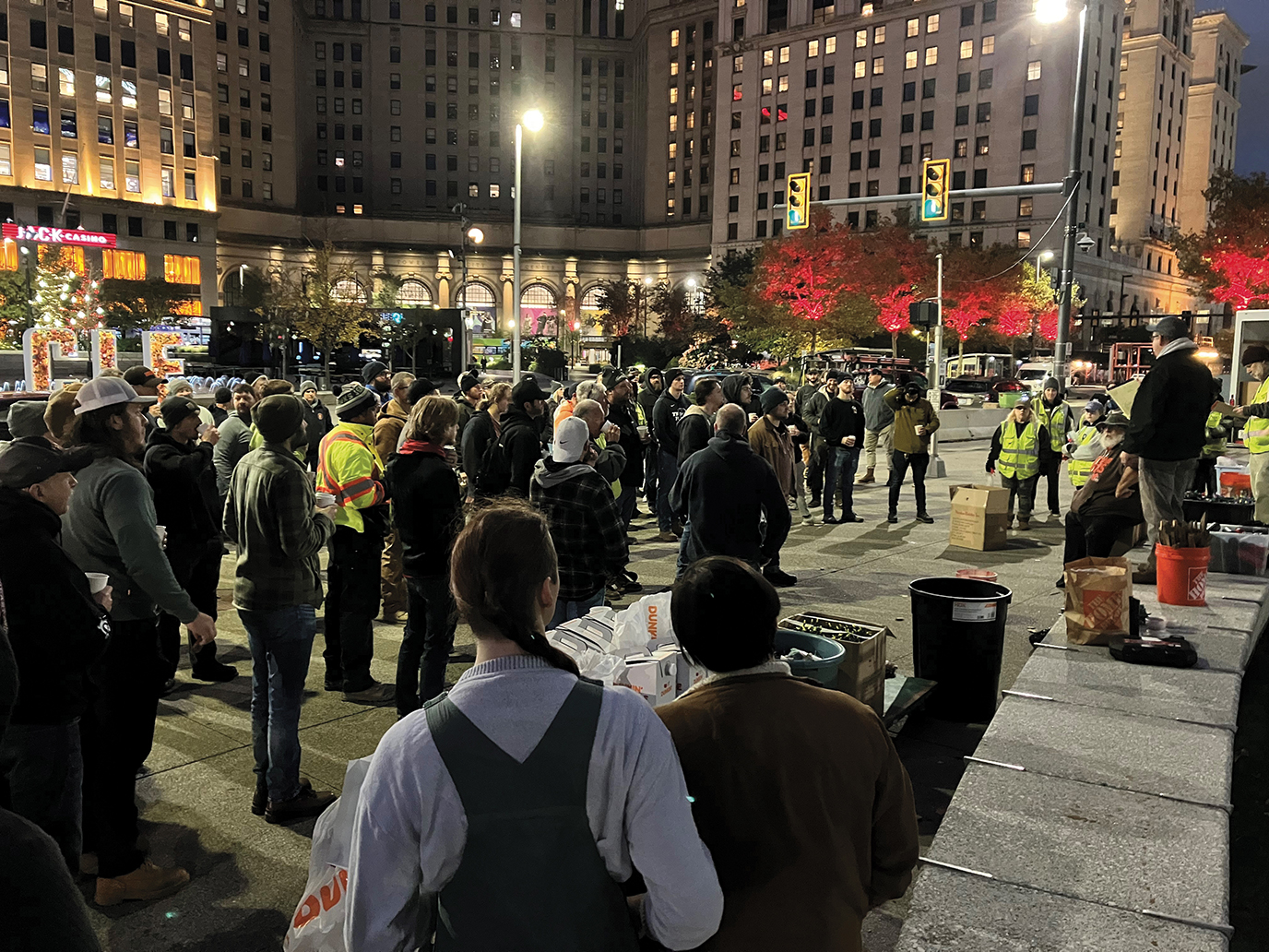 Local 38 members gathering in preparation to light up Downtown Cleveland’s Public Square.