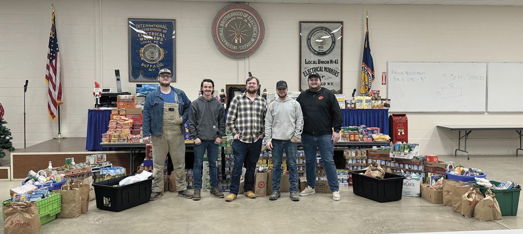 Local 41 apprentices and food drive volunteers Joe Liberatore (second year), Ryan Robida (residential), Steven Torrey (third year), Matt Panaro (fourth year) and William Boechel (first year).