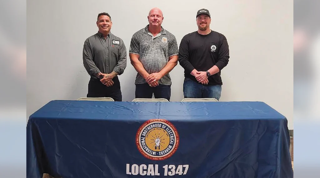 Partners with Local 1347, DeadBreak offers proven leadership in underground utility work. From left, Mark Savage, Business Manager Andrew Kirk and Josh Adams.