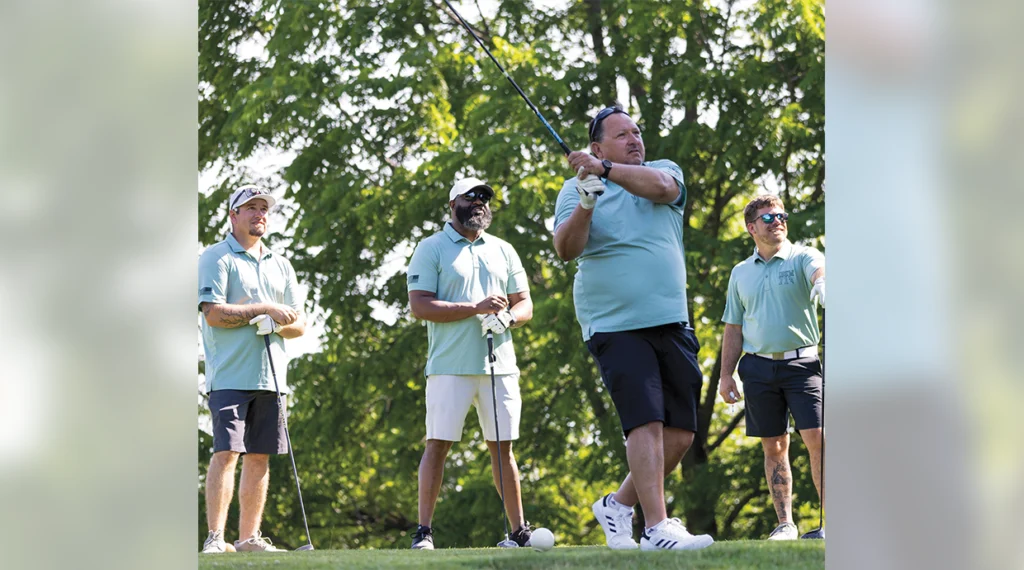 Local 71 Brothers Josh Malone, Calvin Martin, Pablo Tepesano and Jordan Perdue teeing off.