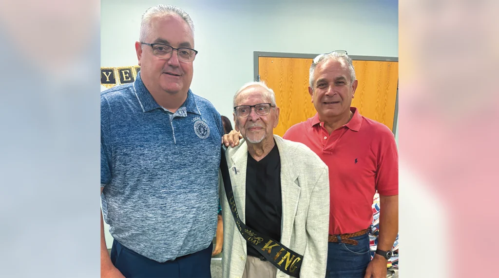 Local 134 Business Manager Donald Finn, Ray Svejnoha and Tom Espisito (Ray’s apprentice) celebrating Ray’s 100th birthday.