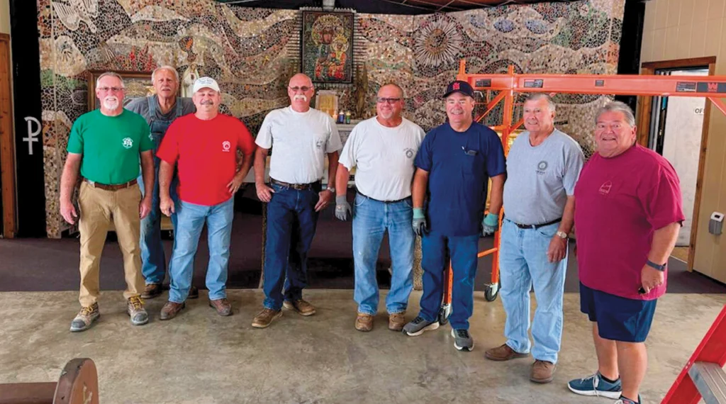 Local 1 retirees Dave Cooper, Steve Pivinski, Larry Palazzolo, Ron Embry, Matt Lampe, Dan Kelly, Jim Schario and Bob Muckler helping out at the Black Madonna Shrine.