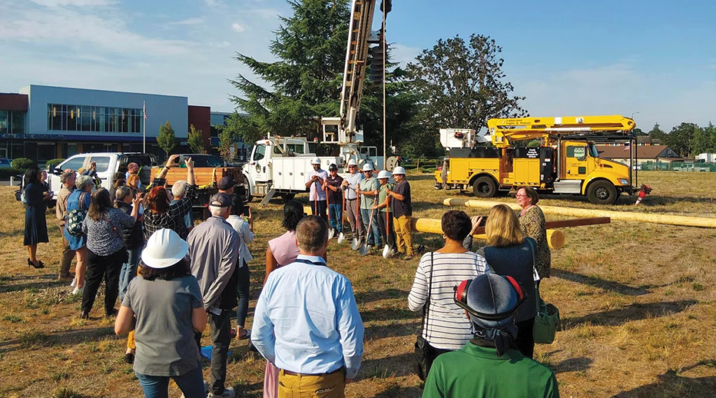 Local 483, in partnership with Northwest Line JATC and Clover Park Technical College, celebrated the groundbreaking for the VOLTA North Campus pole yard.