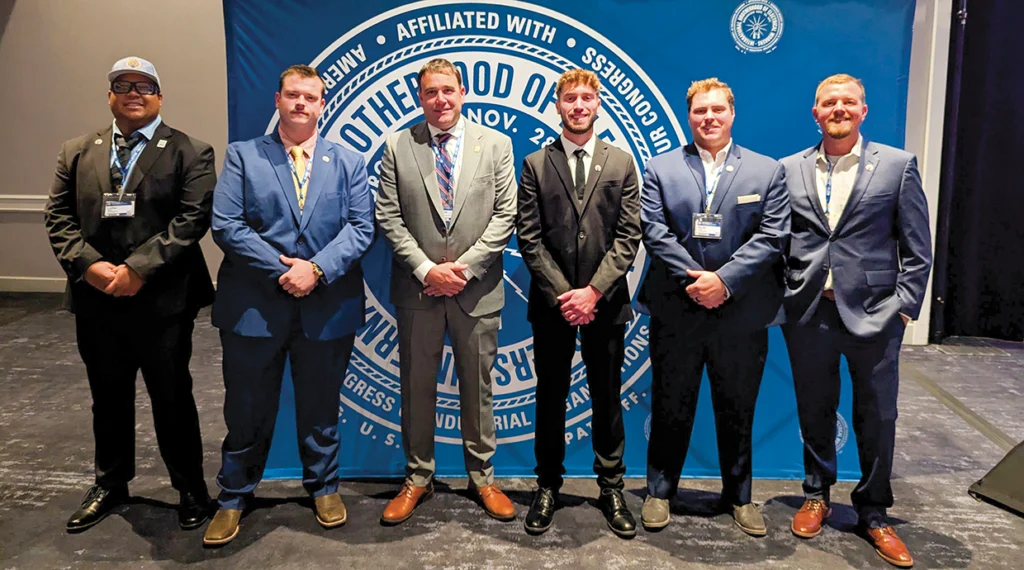 From left, Local 601 RENEW President Luther Baker, RENEW Recording Secretary Caleb Smith, International Representative Jarrett Clem, RENEW member-at-large Jacob McGee, RENEW Vice President Wyatt Jones and Assistant Business Manager Jordan Mueller at the International RENEW/NextGen Conference.