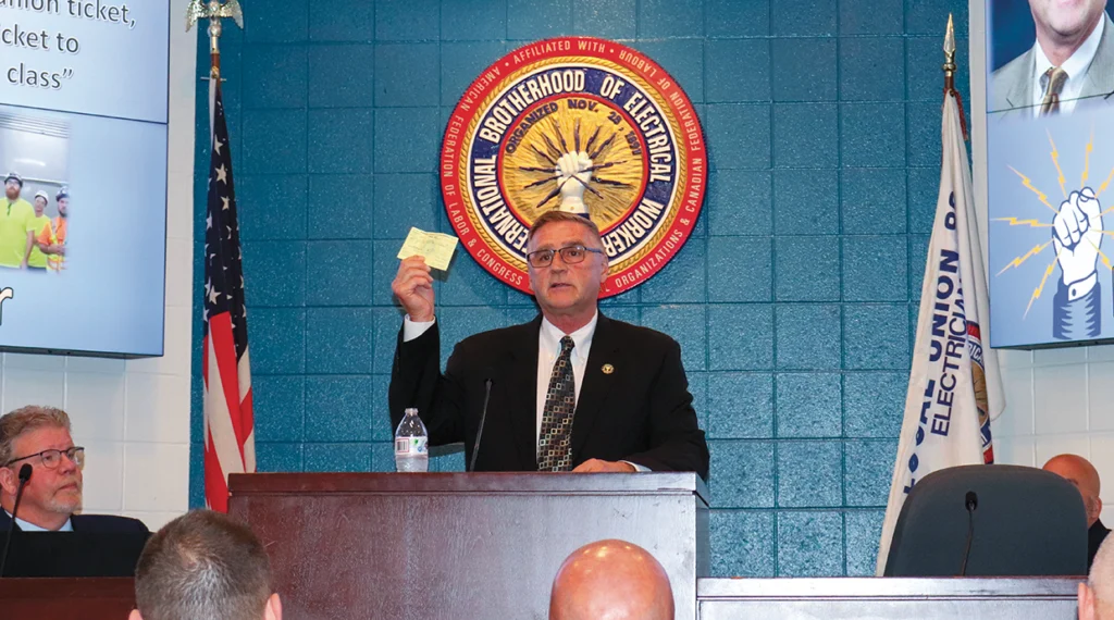 International President Kenneth W. Cooper speaking at the September Local 99 meeting.