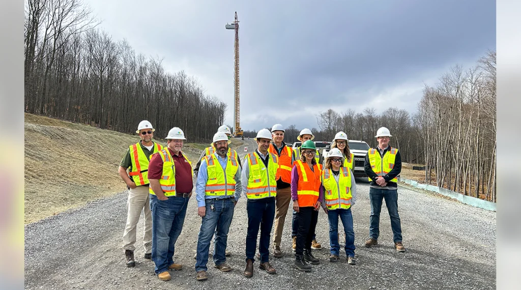 Representatives from Clearway Energy and the Maryland General Assembly, Local 307 Business Manager Rod Rice (left) and Local 24 Business Manager Mike McHale (center) tour the Dan’s Mountain Wind Farm.