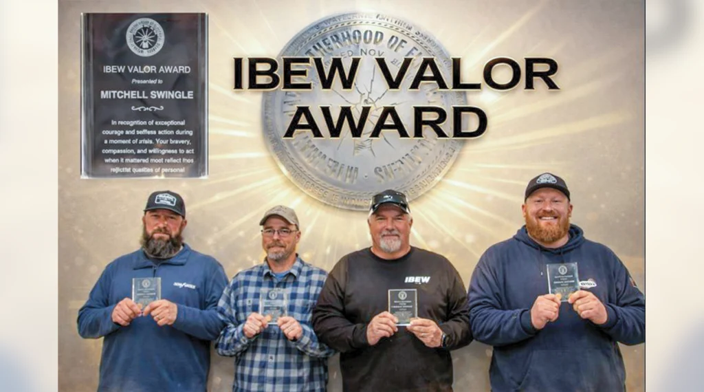 From left, Local 71 members Randy Abel and Drew Peterson, Local 1393 member Don Thacker, and Local 71 member Mitch Swingle with their Valor Awards.
