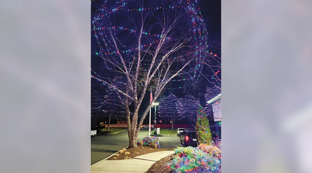 A Christmas light display surrounds the Local 654 union hall, bringing seasonal cheer to the community.