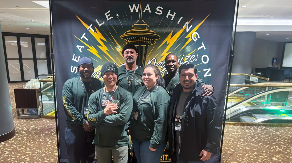 Local 340 members at the EWMC National Leadership Conference: (from left) Justin Hill, Troy Takara, Geary Silva, Vanesa Ruiz, Khalid Saleem and Erik Lopez.