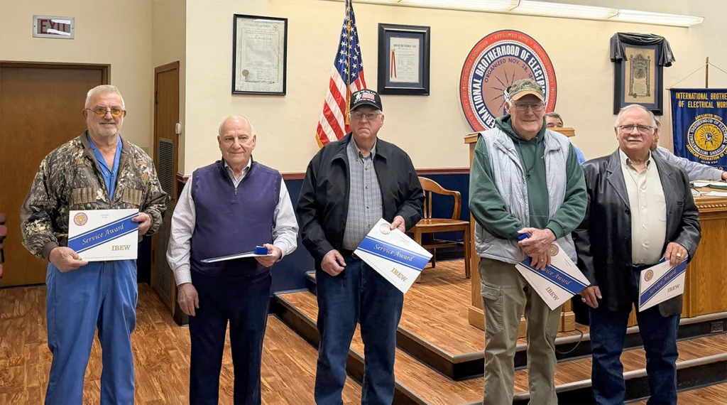 Members of a 702 receiving their 55-year pins: (from left) David Smith, David Houseworth, Walter Jackson, Ronald Waldron and David Walker.