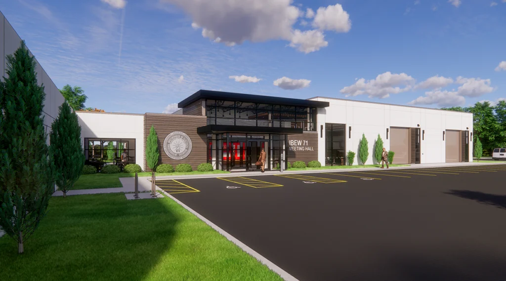 Local 71’s rendering of its new meeting hall and training center.