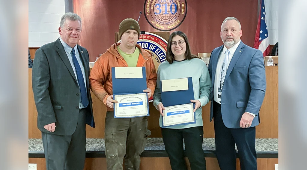 Brandon Gibbons and Katelyn Gray accepting their Chilia Charitable Trust awards with Local 38 President Michael Muzic and Business Manager/Financial Secretary Dan Gallagher.