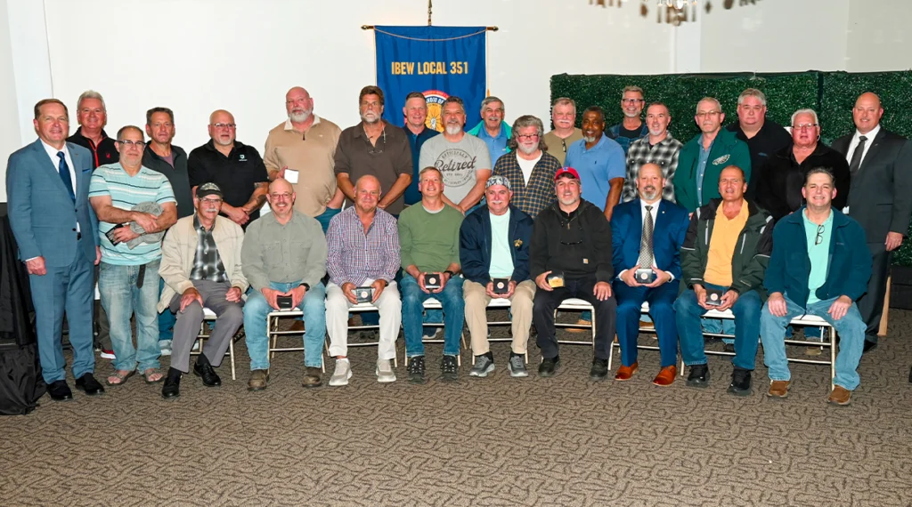 Local 351’s 2025 retirees with Business Manager Dan Cosner and President Steve DiMatteo.
